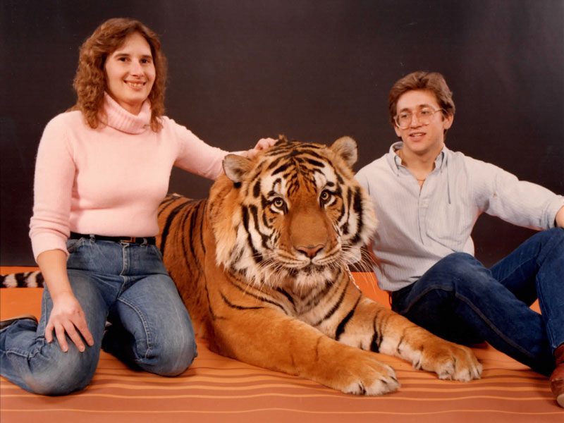 Karen and Don on an early career photo shoot. Yes, the tiger is real and so is Don’s nervous look!