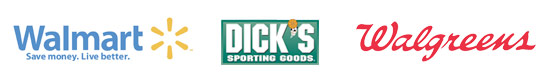 Corporate logos of Walmart, Dick's Sporting Goods, and Walgreens