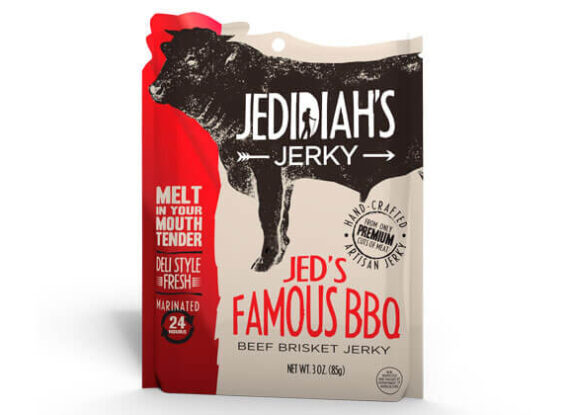 Resealable stand-up pouch for beef jerky.