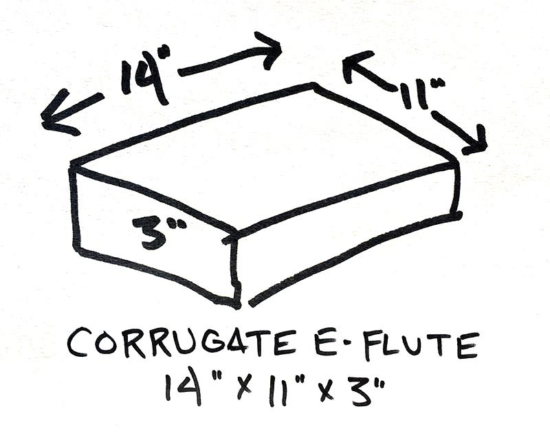 Hand drawn diagram of a corrugate box with dimensions.