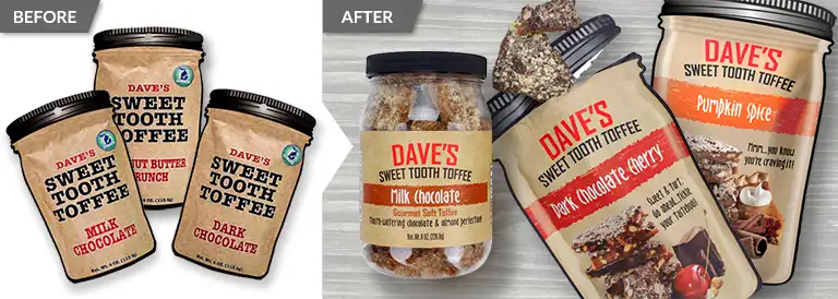 Before and after comparison of a package redesign for Dave's Sweet Tooth product