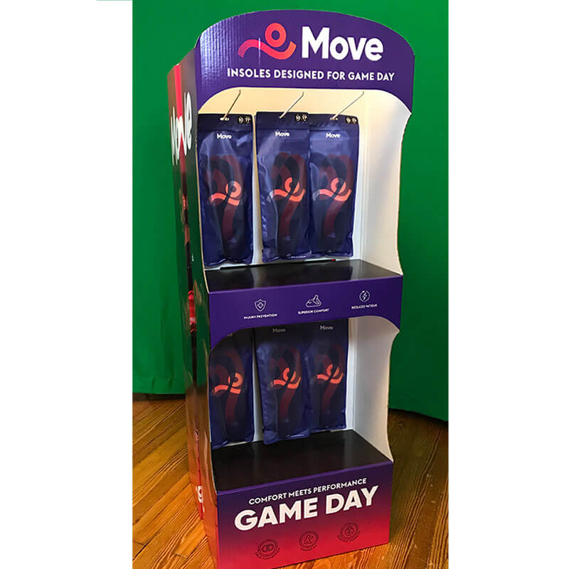 Corrugate floor display for sports products with peg hooks for sports product
